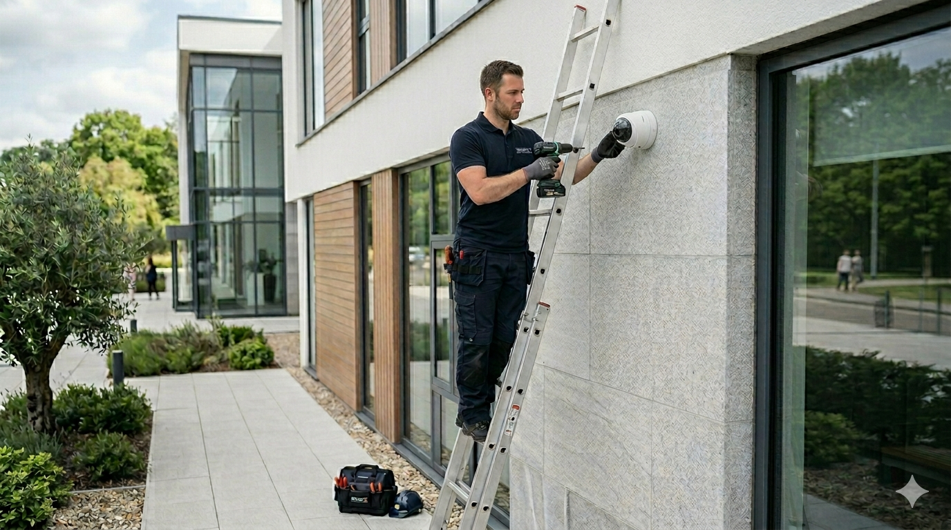 Technicien IPS installant une caméra de surveillance sur échelle — Dordogne